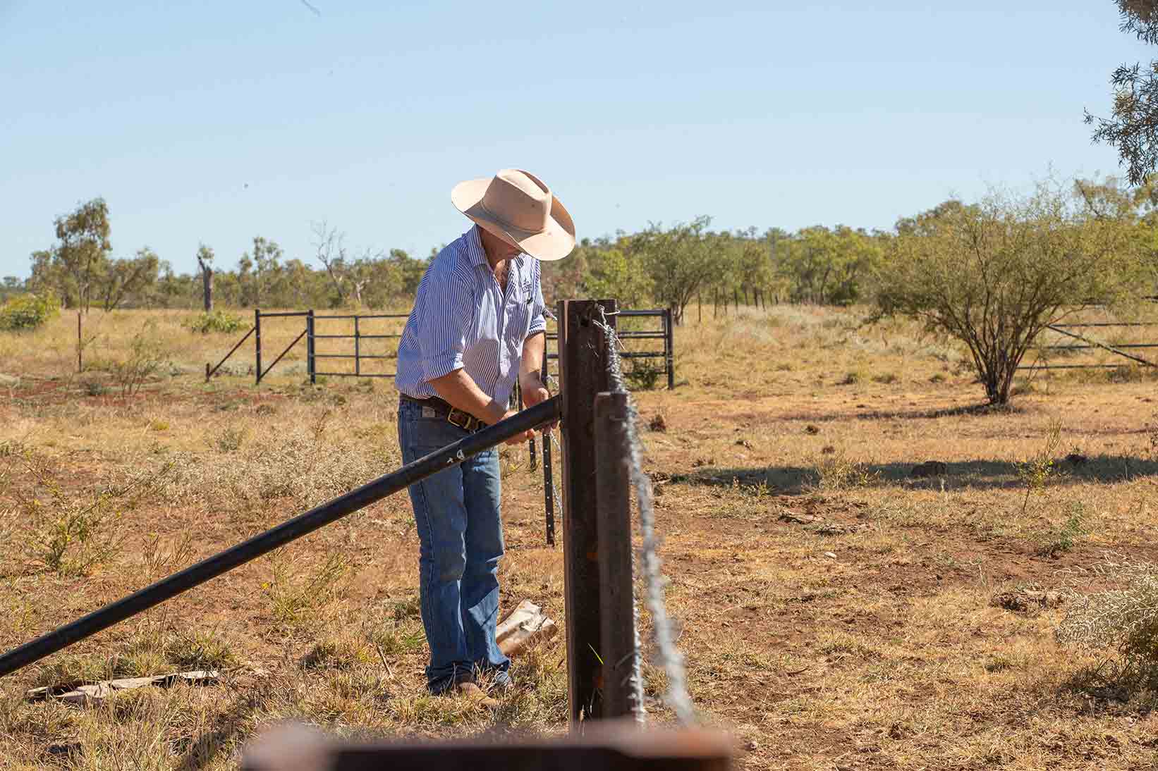A man fixing a fence