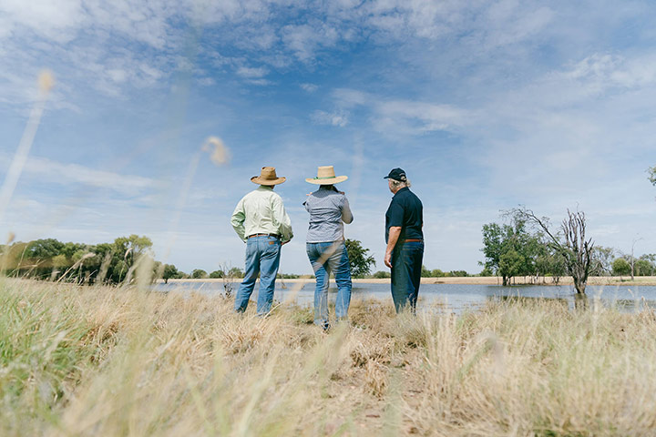 Three people stnading in paddock looking at dam filled with water